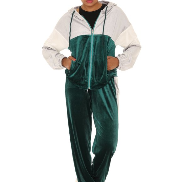 Color Block Pocket Velvet Hoodie & Drawstring Joggers - Picture 3 of 5